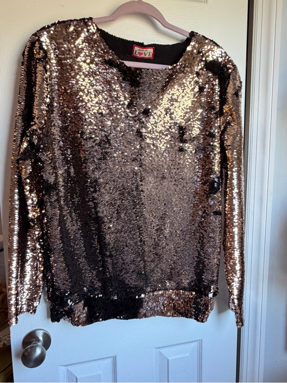 Love Sequin Pullover in Rose Gold and Black